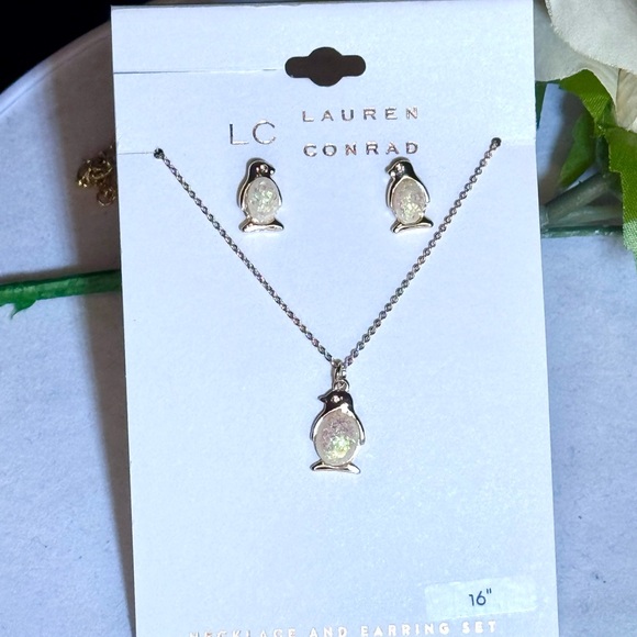 LC Lauren Conrad Opalescent Penguin Necklace and Earring Set in Rose Gold Tone - Picture 2 of 8